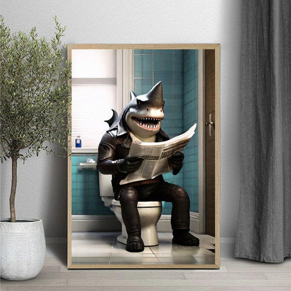 Shark Sitting on Toilet Reading Newspaper, Shark art, Shark photo, Kids Bathroom Art, Bathroom Art print, Digital Download