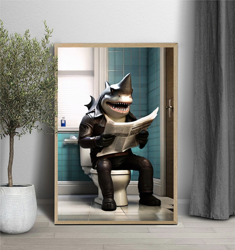 Shark Sitting on Toilet Reading Newspaper, Shark art, Shark photo, Kids Bathroom Art, Bathroom Art print, Digital Download image 1