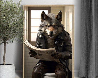 Wolf Sitting on Toilet Reading Newspaper, Wolf art, Wolf photo, Kids Bathroom Art, Bathroom Art print, Digital Download