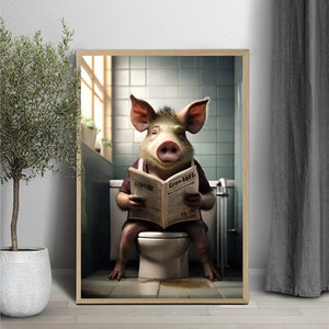 Pig Sitting on Toilet Reading Newspaper, Pig art, Pig photo, Kids Bathroom Art, Bathroom Art print, Digital Download