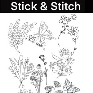 Flores e borboletas, Stick and Stitch, PDF para impressão, download digital. Floral Stick and Stitch em A4 e US Letter. Padrão de bordado
