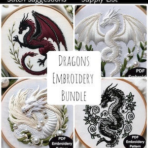 Paket med handbroderimönster för drakar: 6 fantasimönster + vintage-överföringar (PDF)