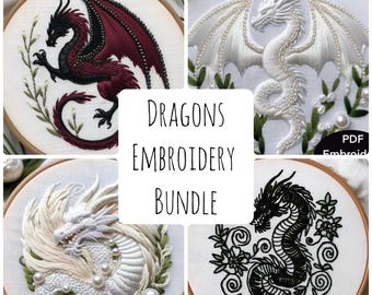 Dragon pdf embroidery pdf bundle. 6 sizes  3 to 8 inch for hand embroidery hoops.  6 fantasy dragons plus 500 vintage embroidery designs