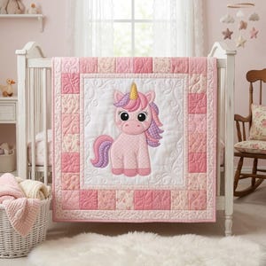 Einhorn Applikation Quilt Block für Baby Kinderzimmer - PDF Schnittmuster. Enthält einfache Quilt- und Kissenanleitungen