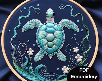 Sea turtle embroidery pdf pattern. 6 sizes, 3 to 8 inch  for different hand embroidery hoops. Simple designer turtle thread art