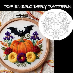 Halloween Embroidery PDF pattern. 7 sizes from 3 to 8 inch & A4  for different hand embroidery hoops. Simple pumpkin, bat Embroidery PDF