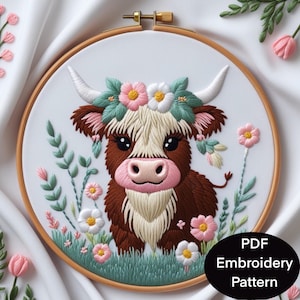 Highland cow hand embroidery pdf pattern. Cute farm animal design transfer for beginners thread art template in 6 sizes.