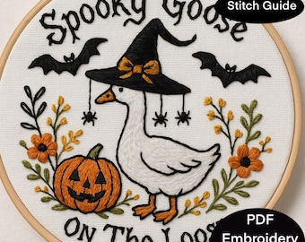 Spooky silly goose halloween pdf hand embroidery. 6 sizes for different hand embroidery hoops. Simple goose in whitch hat thread art design