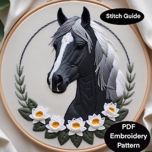 Horse hand embroidery pdf pattern. Cute, beautiful horse portrait transfer for beginners thread art template  6 sizes|horse art embroidery