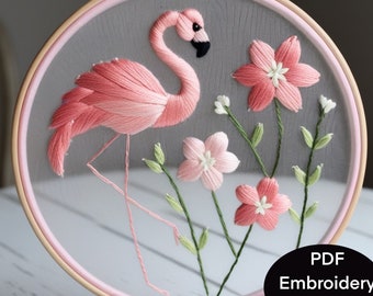 Flamingo Bird Hand Embroidery PDF pattern. 7 sizes 3-8 inch & A4  hoop. Easy to sew Embroidery transfer bird pattern. Thread art embroidery.