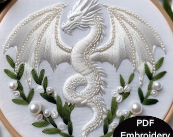 Dragon Embroidery PDF pattern. 6 sizes 3 to 8 inch for hand embroidery hoops. Simple fantasy dragon transfer template design with pearls