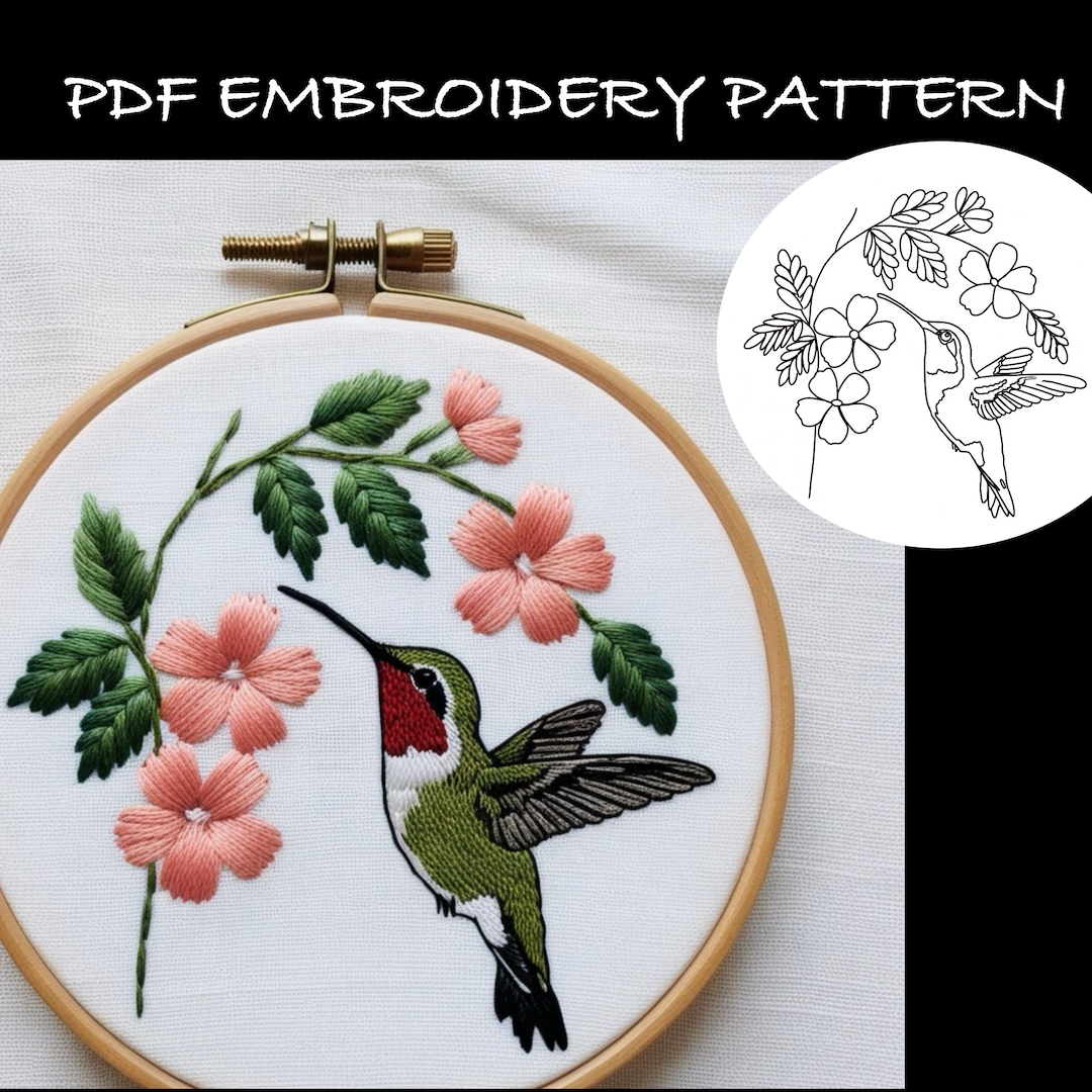 Hummingbird & Floral Embroidery Pattern, DIY Template (PDF Download) - Etsy