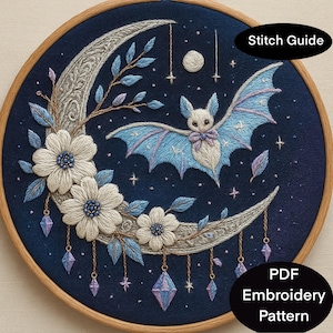 Halloween hanging bat moon pdf pattern.  3 - 8 inch for  hand embroidery hoops. Simple, easy fall spooky and cute bat  embroidery thread art