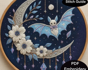 Halloween hanging bat moon pdf pattern.  3 - 8 inch for  hand embroidery hoops. Simple, easy fall spooky and cute bat  embroidery thread art