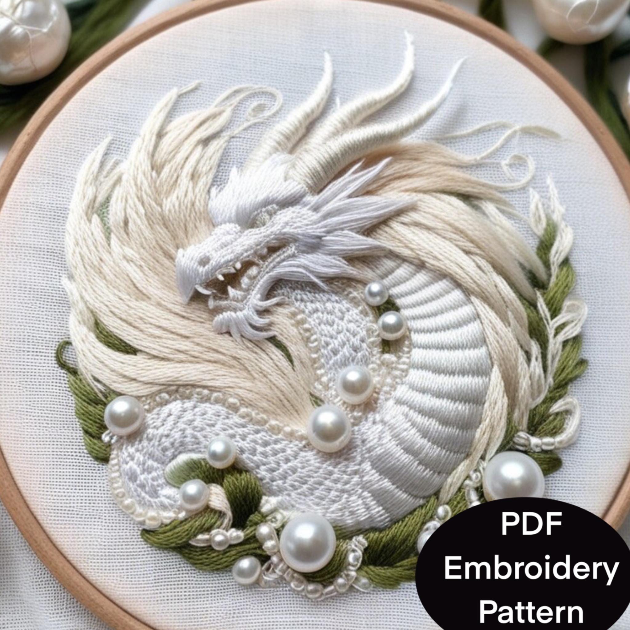 Dragon Embroidery PDF pattern. 6 sizes 3 to 8 inch for  hand embroidery hoops. Fantasy dragon template with pearls advanced thread art