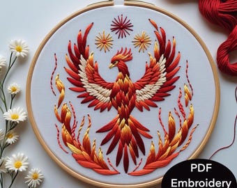 Phoenix in flames embroidery pdf pattern. 6 sizes  3-8 inch for hand embroidery hoops. Easy fantasy phoenix transfer template thread art