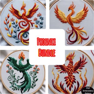 Peut inclure: Un ensemble de quatre patrons de broderie représentant des phénix dans différents coloris et styles. Les patrons sont au format PDF et sont parfaits pour les amateurs de broderie.
