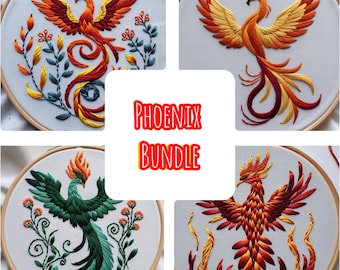 Phoenix pdf embroidery pdf bundle. 6 sizes  3 to 8 inch for hand embroidery hoops.  6 fantasy phoenix plus 500 vintage embroidery designs