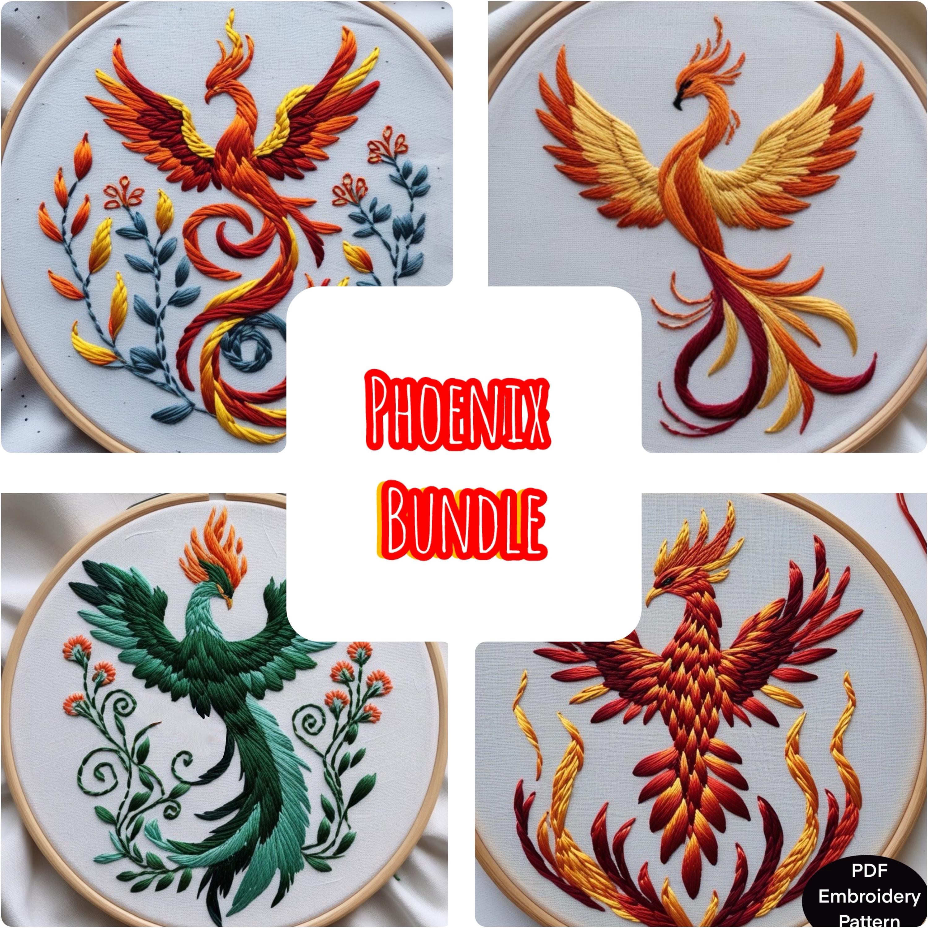 Phoenix pdf embroidery pdf bundle. 6 sizes  3 to 8 inch for hand embroidery hoops.  6 fantasy phoenix plus 500 vintage embroidery designs