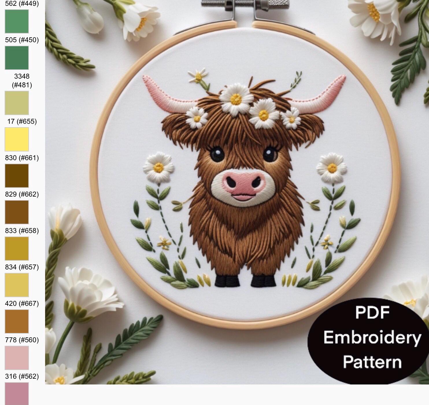 Cow Thread Highland Brown Cow Hand Embroidery Pdf Pattern. Cute Farm Animal Design ...