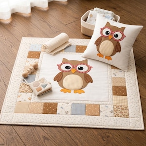 Bloque de patchwork con aplique de búho bebé para habitación infantil - Patrón de costura en PDF (Bloque de patchwork, almohadas, camiseta, bolso)