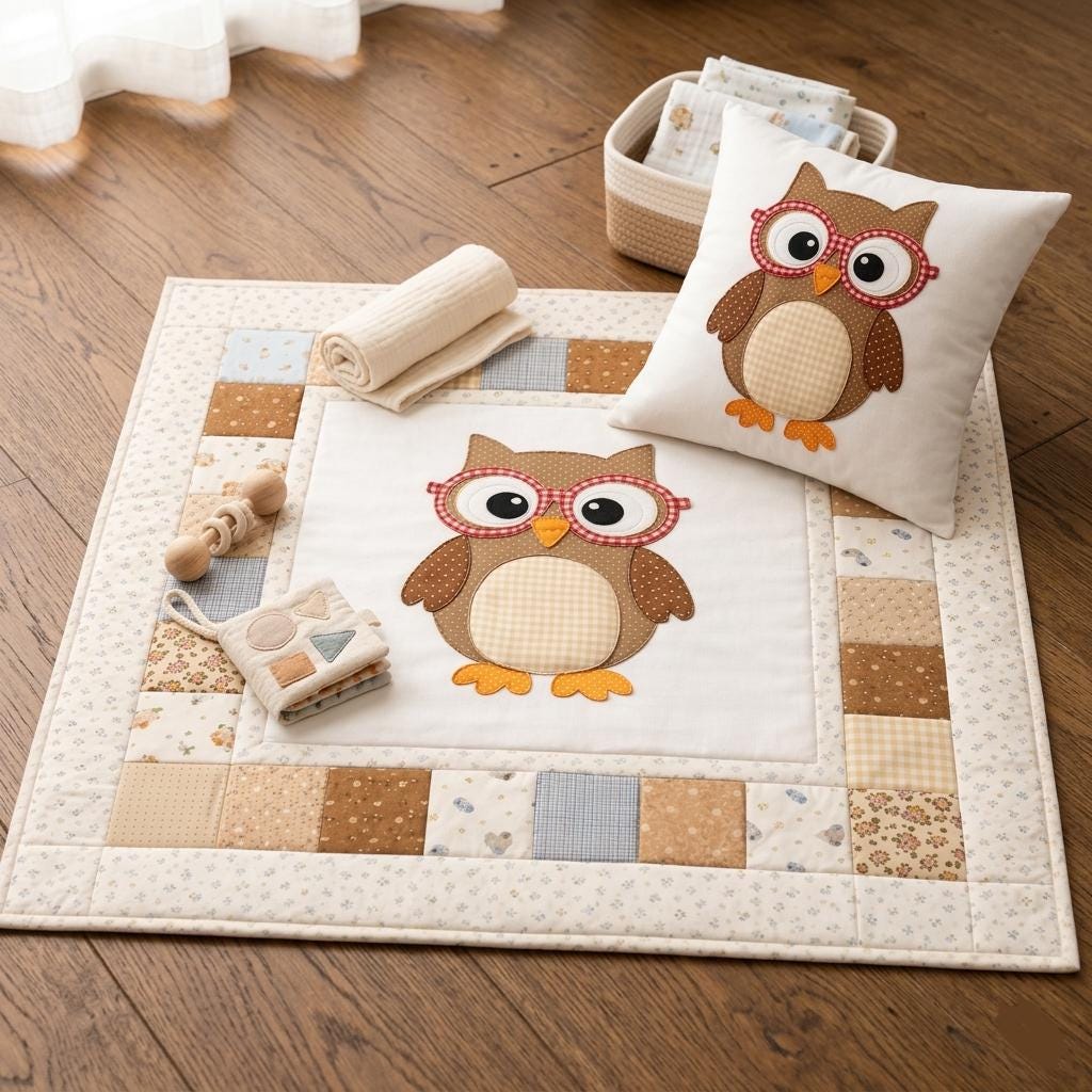 Baby Owl Appliqu&eacute; Quilt Block for Baby Nursery  - PDF Sewing Pattern (Quilt block, pillows, t