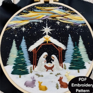 Christmas Nativity Embroidery PDF pattern.  6 Sizes-3 to 8 inch for hand embroidery hoops.  Easy Nativity Christmas Festive Embroidery  PDF