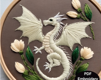 Dragon Embroidery PDF pattern. 7 sizes from 3 to 8 inch & A4  for different hand embroidery hoops. Simple fantasy dragon transfer template