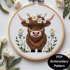 Highland brown cow hand embroidery pdf pattern. Cute farm animal design transfer for beginners thread art template in 6 sizes.