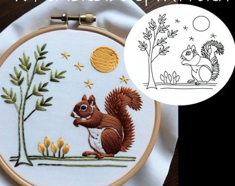 Squirrel Animal Embroidery PDF pattern. 7 sizes from 3 to 8 inch & A4  for different hand embroidery hoops. Simple squirrel animal template