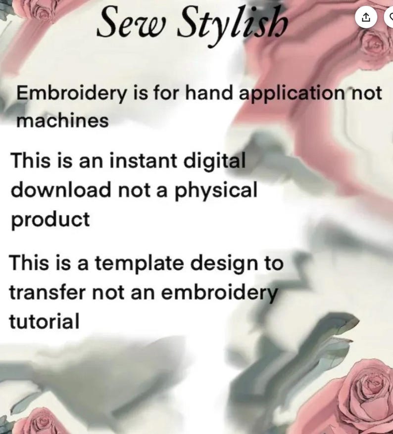 Pu&ograve; includere: Immagine di design digitale con il testo "Sew Stylish". L'immagine afferma che il ricamo &egrave; per l'applicazione manuale, non per le macchine, ed &egrave; un download digitale, non un prodotto fisico. &Egrave; un design modello, non un tutorial.