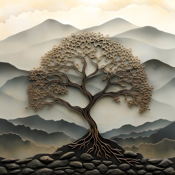 Digital Filigree Art of a Lone Tree Against Majestic Mountains (Digital Download)