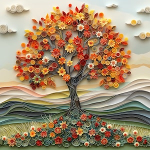Könnte beinhalten: Ein Papierkunstwerk, das einen stilisierten Baum mit orangefarbenen, gelben und roten Papierblumen darstellt. Der Baum steht vor einem Hintergrund aus geschichteten Papierwellen in Blautönen, Grün- und Weißtönen.