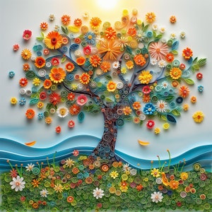 May include: A paper quilling artwork featuring a tree with a colourful, swirling trunk and a canopy of flowers in shades of yellow, orange, red, pink, blue, and green. The tree is set against a blue and white background with a grassy area at the bottom.