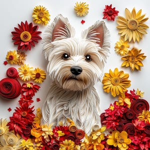 May include: A white West Highland White Terrier dog made of paper, surrounded by red, yellow, and orange paper flowers. The dog is sitting in the center of the image, with its head tilted slightly to the side. The flowers are arranged in a circle around the dog, creating a beautiful and whimsical scene.
