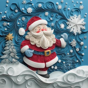 May include: A papercraft Santa Claus with a white beard and red suit, surrounded by blue and white paper swirls and snowflakes.