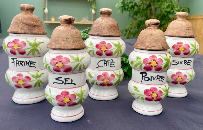 Lot de 5 pots à épices vintage en faïence blanche décor floral rose et vert image 2