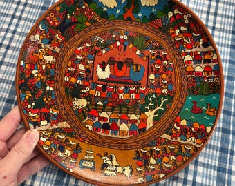Mexican Folk Art Hand-painted Terracotta Story Plate