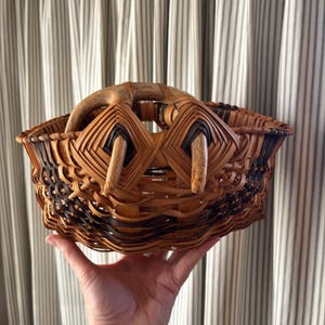 May include: A hand-woven basket with a natural brown and black color scheme. The basket features a handle and decorative wooden accents. The woven design is intricate, with a mix of light and dark brown reeds. The basket is held up by a hand.