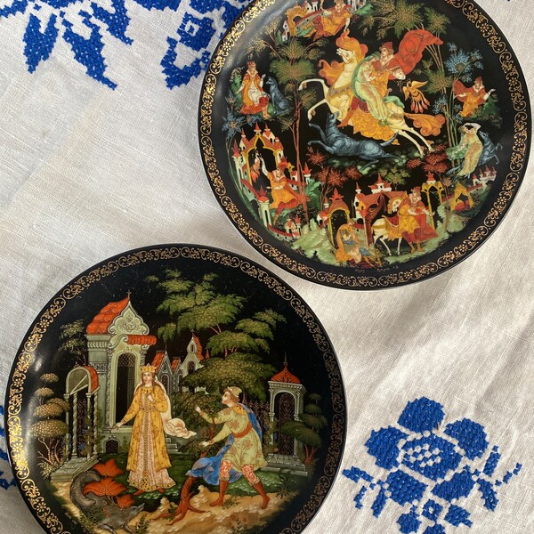 Vintage hand-painted decorative plates from Russian fairy tale “Fire Bird”