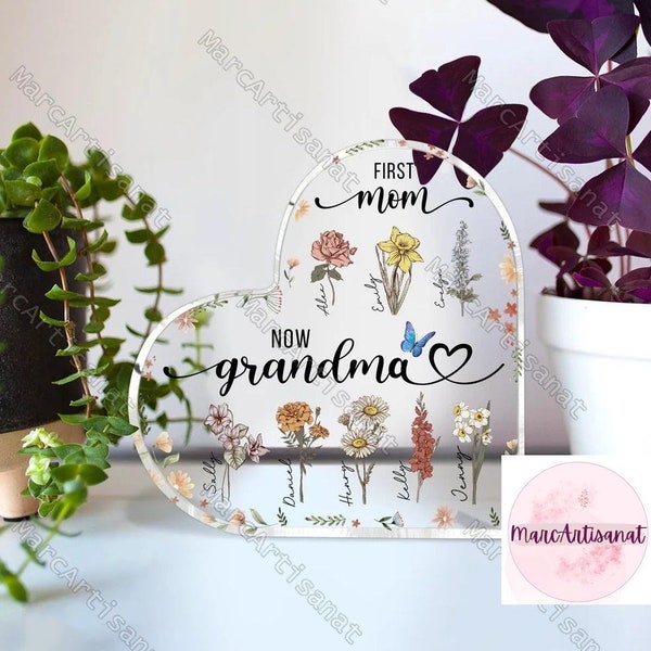 Grandma Garden Heart Acrylic Plaque, Custom Birth Month Flowers Acrylic Plaque, Personalized First Mom Now Grandma Acrylic Plaque