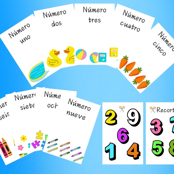 Ficha actividad infantil aprender números en Español. Imprimible Recortable. Recorta y pega los números  niño niña 3 4 5 años. Dibujos