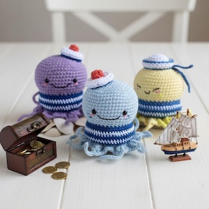 Söt sjömansbläckfisk virkmönster, minileksak, sommar, söt babyleksak amigurumi, co-work present, plyschleksak