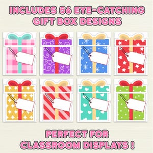 Student gift box cutouts with editable name labels for winter bulletin boards.