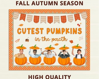 May include: A seasonal bulletin board kit with the text "CUTEST PUMPKINS in the pacth". The design features orange pumpkins, children, and autumn leaves. The text "HIGH QUALITY READY TO PRINT" is also included.