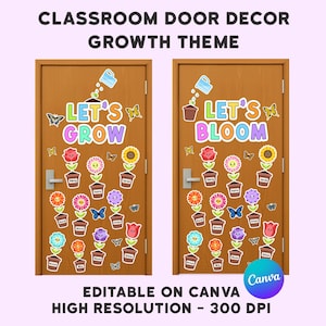 Può includere: Due porte di classe in legno decorate con un tema di crescita. Una porta dice "Let's Grow" e l'altra "Let's Bloom". Entrambe le porte presentano adesivi colorati di fiori e farfalle. È visibile anche il testo "Editable on Canva".