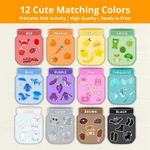 Puede incluir: Una colorida actividad imprimible para niños con 12 tarros, cada uno representando un color diferente. Cada tarro contiene varios objetos a juego. Los colores incluyen rojo, naranja, amarillo, verde, azul, morado, rosa, turquesa, blanco, gris, marrón y negro.