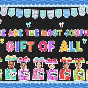 Printable winter bulletin title header with colorful letters and snow-themed design.
