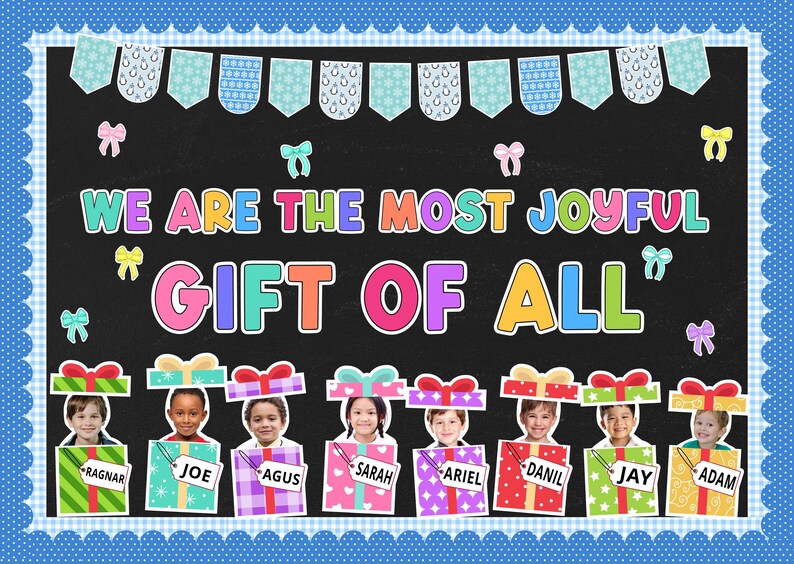 Printable winter bulletin title header with colorful letters and snow-themed design.