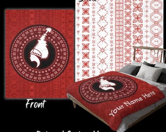 Reversible Samoan Taupou Plush Blanket, Polynesian Art, Island Home Comforts